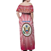 USA Christmas Family Matching Off Shoulder Maxi Dress and Hawaiian Shirt with Bald Eagle Seal Pink Starburst Pattern and Festive Holiday Icons - Wonder Print Shop