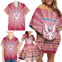 USA Christmas Family Matching Off Shoulder Short Dress and Hawaiian Shirt with Bald Eagle Seal Pink Starburst Pattern and Festive Holiday Icons - Wonder Print Shop