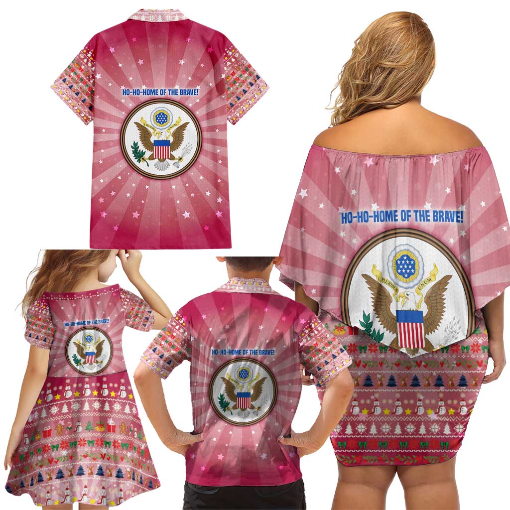 USA Christmas Family Matching Off Shoulder Short Dress and Hawaiian Shirt with Bald Eagle Seal Pink Starburst Pattern and Festive Holiday Icons - Wonder Print Shop