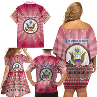 USA Christmas Family Matching Off Shoulder Short Dress and Hawaiian Shirt with Bald Eagle Seal Pink Starburst Pattern and Festive Holiday Icons - Wonder Print Shop
