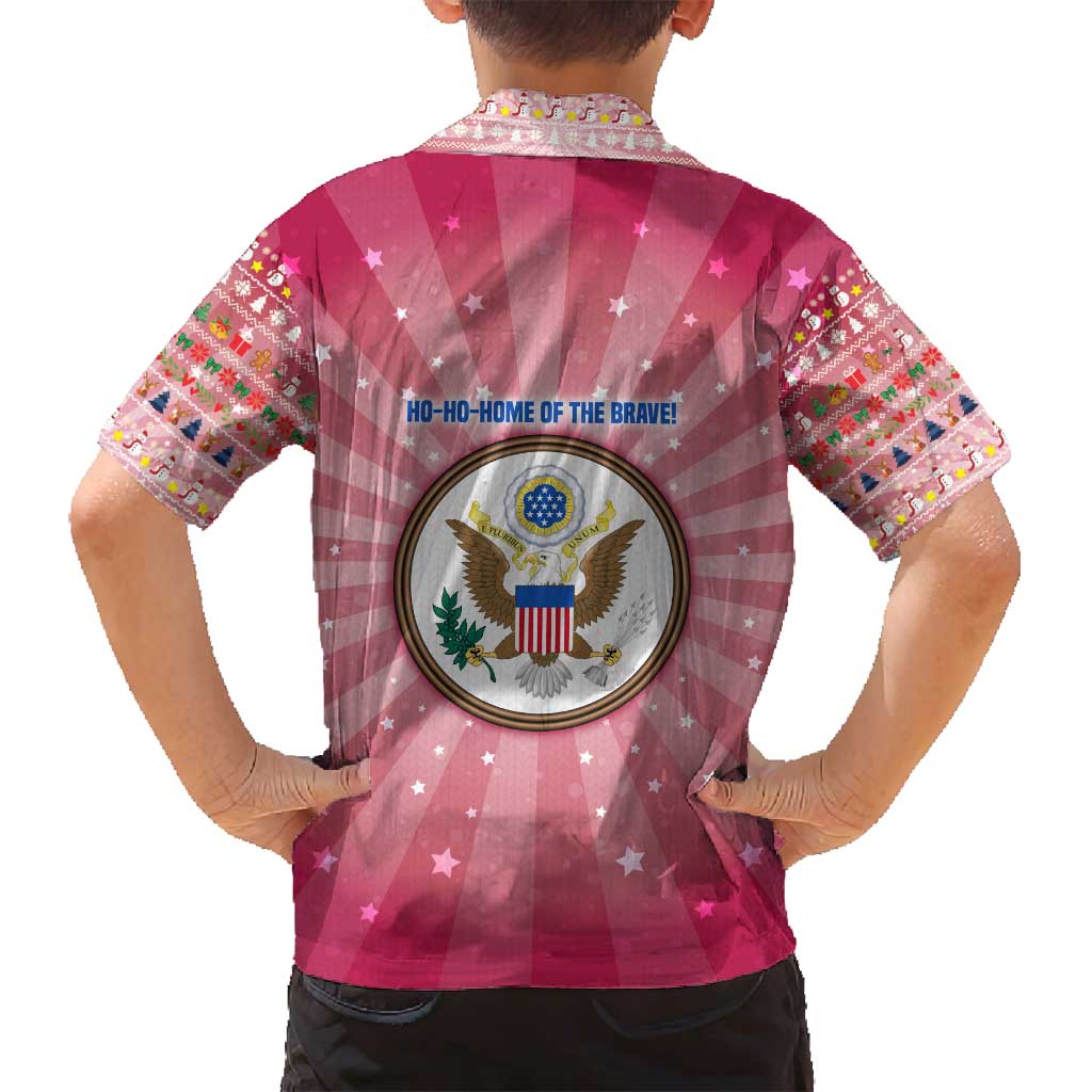 USA Christmas Family Matching Puletasi and Hawaiian Shirt with Bald Eagle Seal Pink Starburst Pattern and Festive Holiday Icons - Wonder Print Shop