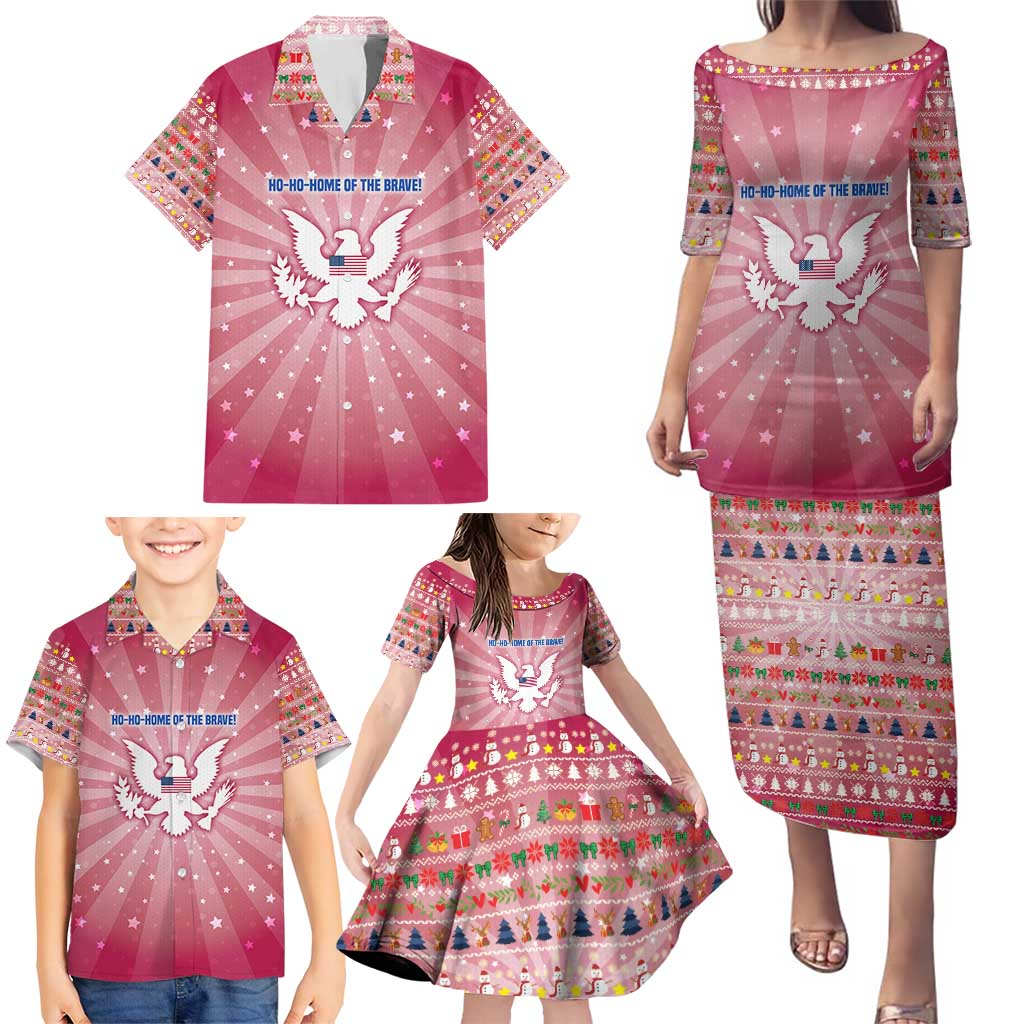 USA Christmas Family Matching Puletasi and Hawaiian Shirt with Bald Eagle Seal Pink Starburst Pattern and Festive Holiday Icons - Wonder Print Shop