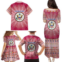 USA Christmas Family Matching Puletasi and Hawaiian Shirt with Bald Eagle Seal Pink Starburst Pattern and Festive Holiday Icons - Wonder Print Shop