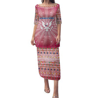 USA Christmas Family Matching Puletasi and Hawaiian Shirt with Bald Eagle Seal Pink Starburst Pattern and Festive Holiday Icons - Wonder Print Shop