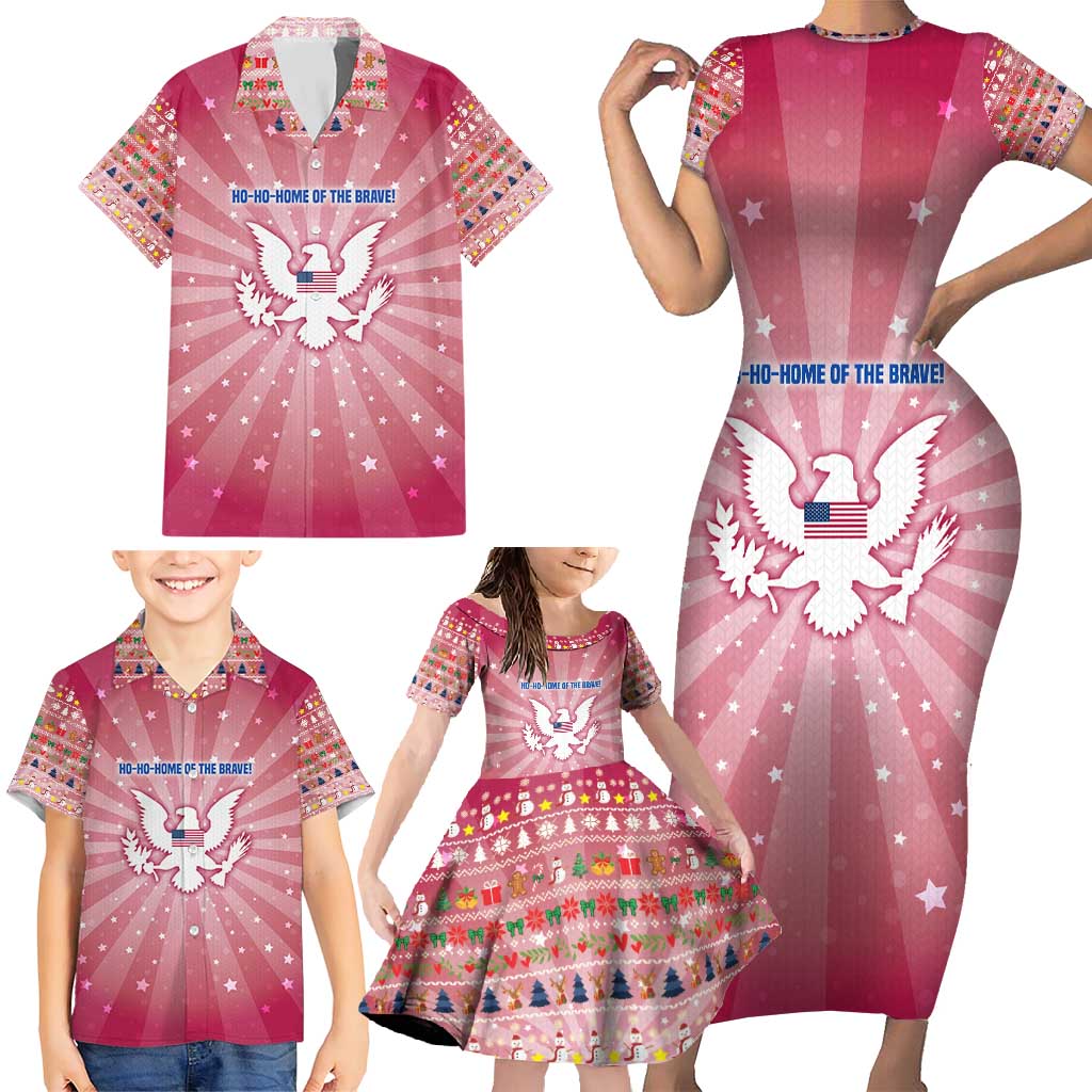 USA Christmas Family Matching Short Sleeve Bodycon Dress and Hawaiian Shirt with Bald Eagle Seal Pink Starburst Pattern and Festive Holiday Icons - Wonder Print Shop