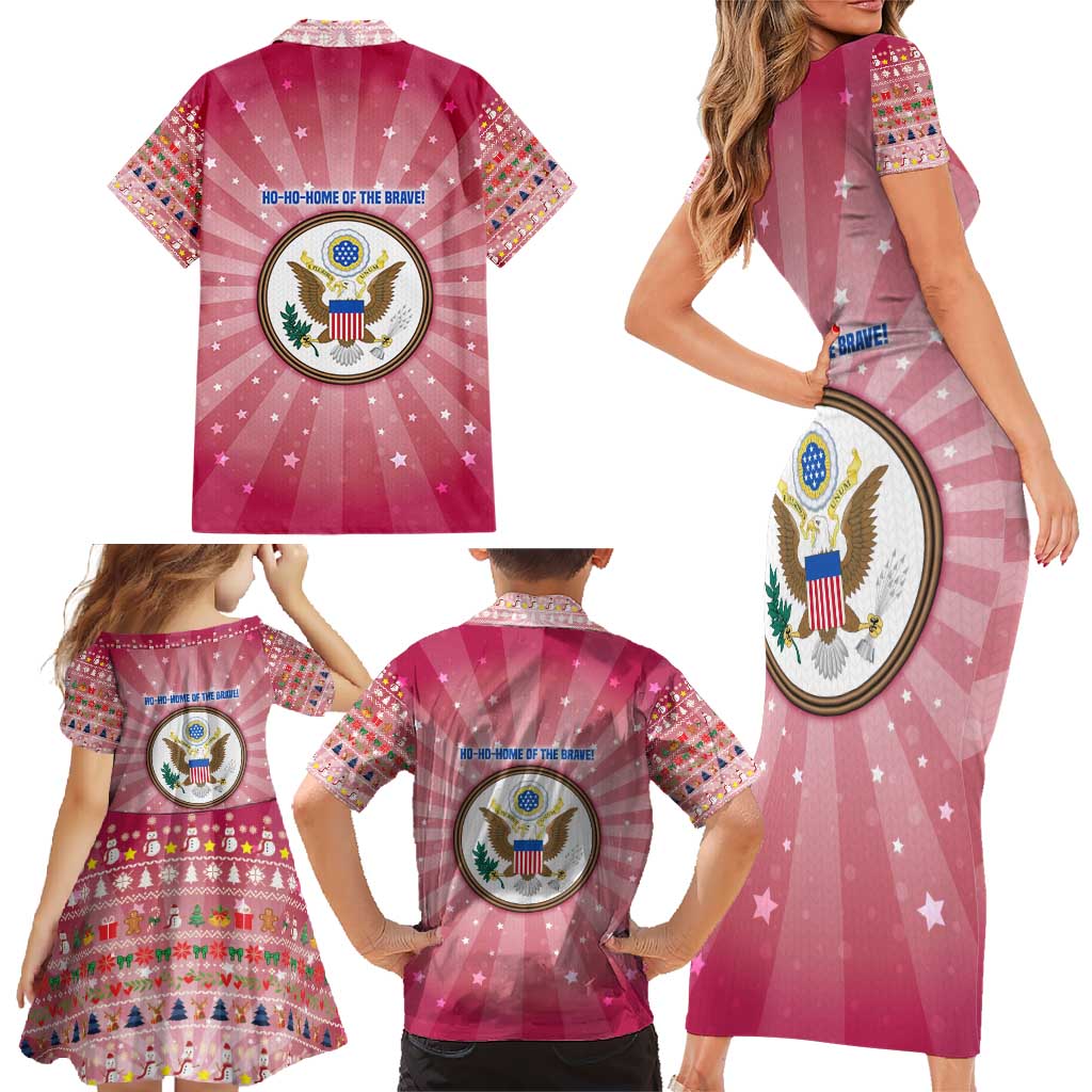 USA Christmas Family Matching Short Sleeve Bodycon Dress and Hawaiian Shirt with Bald Eagle Seal Pink Starburst Pattern and Festive Holiday Icons - Wonder Print Shop