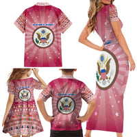 USA Christmas Family Matching Short Sleeve Bodycon Dress and Hawaiian Shirt with Bald Eagle Seal Pink Starburst Pattern and Festive Holiday Icons - Wonder Print Shop
