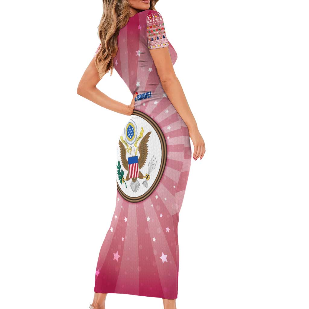 USA Christmas Family Matching Short Sleeve Bodycon Dress and Hawaiian Shirt with Bald Eagle Seal Pink Starburst Pattern and Festive Holiday Icons - Wonder Print Shop