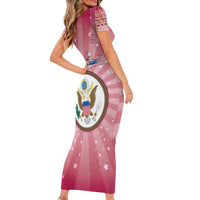 USA Christmas Family Matching Short Sleeve Bodycon Dress and Hawaiian Shirt with Bald Eagle Seal Pink Starburst Pattern and Festive Holiday Icons - Wonder Print Shop