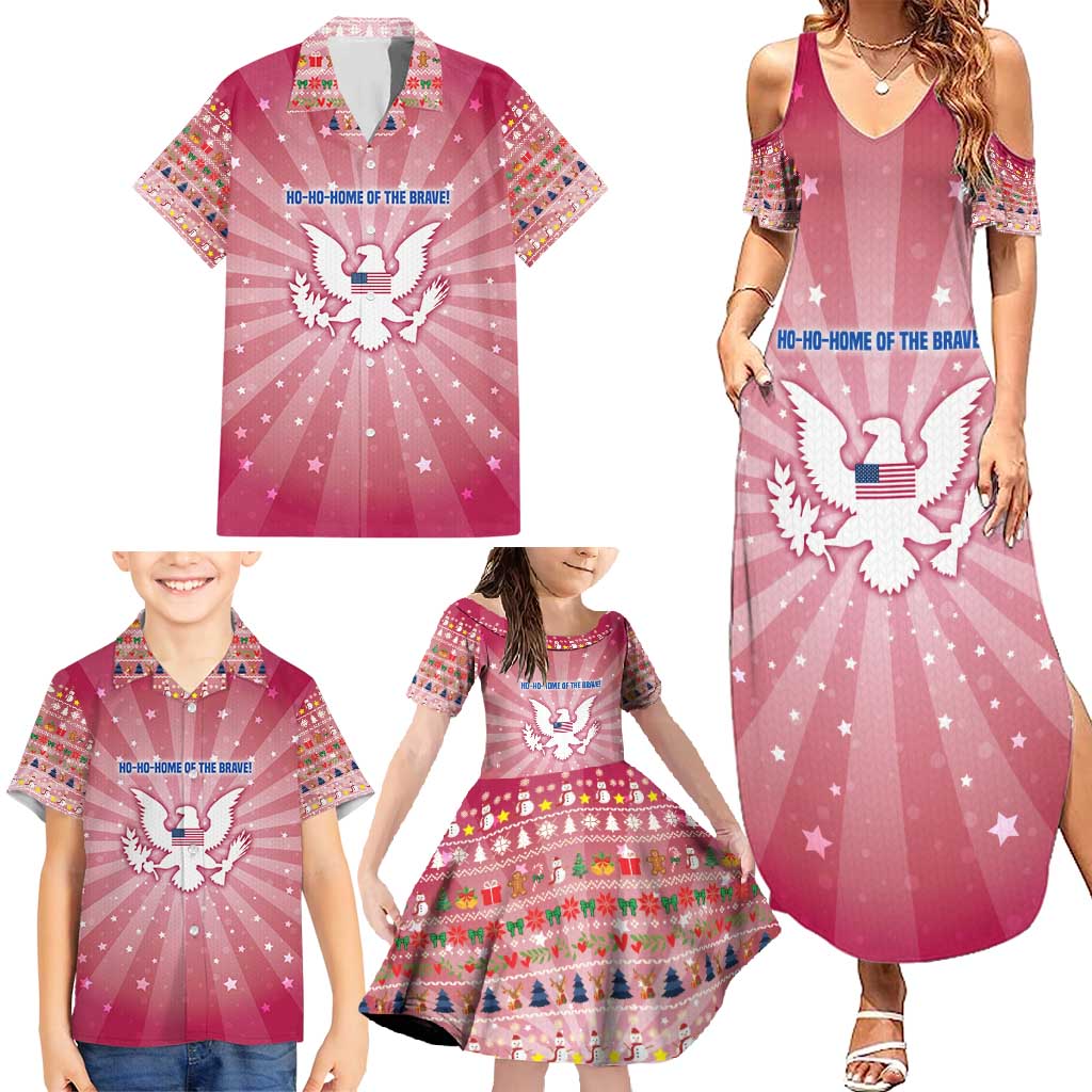 USA Christmas Family Matching Summer Maxi Dress and Hawaiian Shirt with Bald Eagle Seal Pink Starburst Pattern and Festive Holiday Icons - Wonder Print Shop