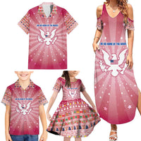 USA Christmas Family Matching Summer Maxi Dress and Hawaiian Shirt with Bald Eagle Seal Pink Starburst Pattern and Festive Holiday Icons - Wonder Print Shop