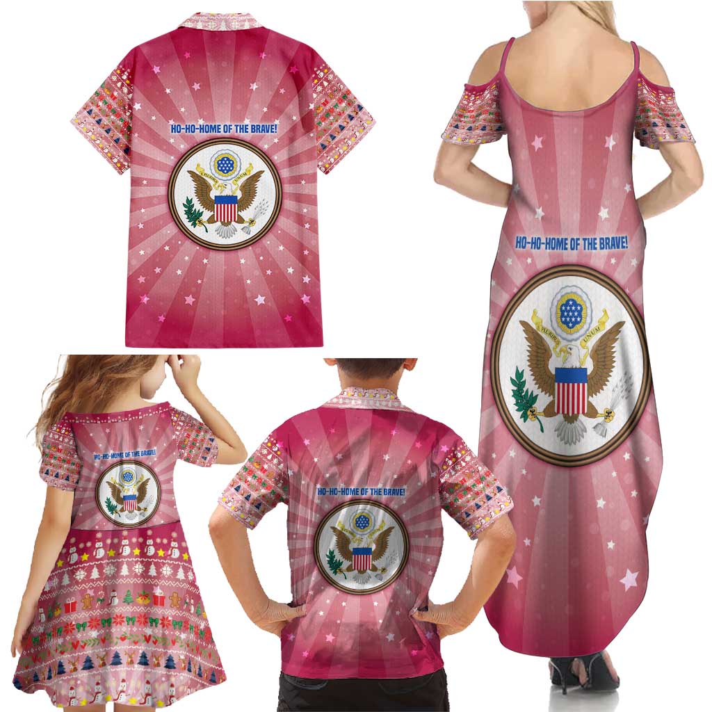 USA Christmas Family Matching Summer Maxi Dress and Hawaiian Shirt with Bald Eagle Seal Pink Starburst Pattern and Festive Holiday Icons - Wonder Print Shop