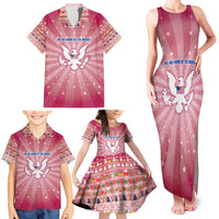 USA Christmas Family Matching Tank Maxi Dress and Hawaiian Shirt with Bald Eagle Seal Pink Starburst Pattern and Festive Holiday Icons - Wonder Print Shop