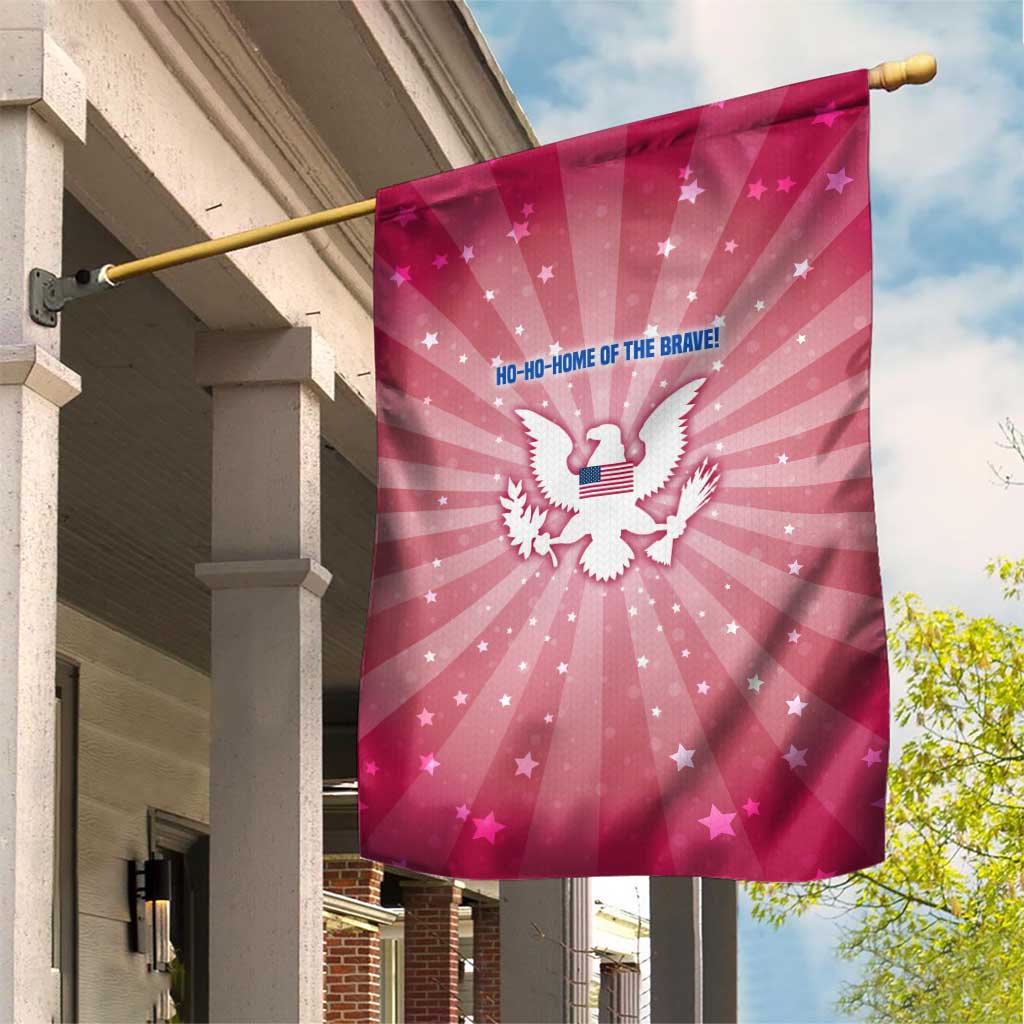 USA Christmas Garden Flag with Bald Eagle Seal Pink Starburst Pattern and Festive Holiday Icons - Wonder Print Shop
