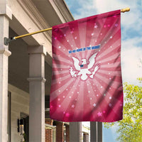 USA Christmas Garden Flag with Bald Eagle Seal Pink Starburst Pattern and Festive Holiday Icons - Wonder Print Shop