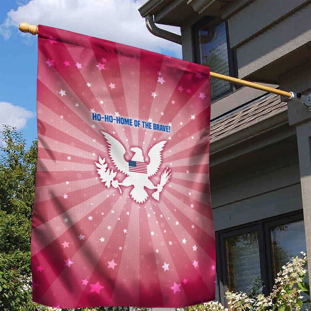 USA Christmas Garden Flag with Bald Eagle Seal Pink Starburst Pattern and Festive Holiday Icons - Wonder Print Shop