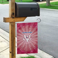 USA Christmas Garden Flag with Bald Eagle Seal Pink Starburst Pattern and Festive Holiday Icons - Wonder Print Shop