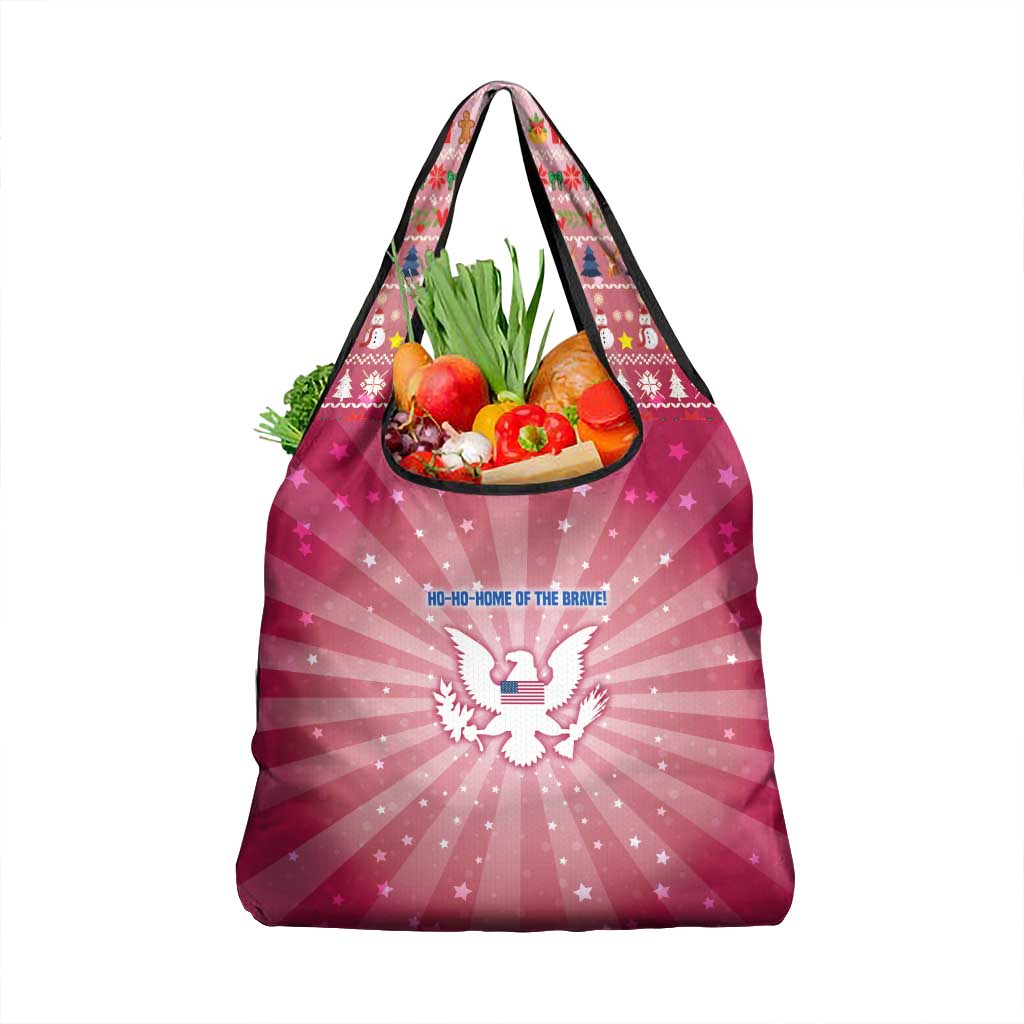 USA Christmas Grocery Bag with Bald Eagle Seal Pink Starburst Pattern and Festive Holiday Icons - Wonder Print Shop
