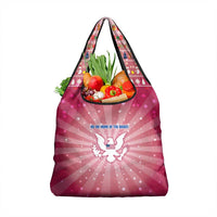 USA Christmas Grocery Bag with Bald Eagle Seal Pink Starburst Pattern and Festive Holiday Icons - Wonder Print Shop