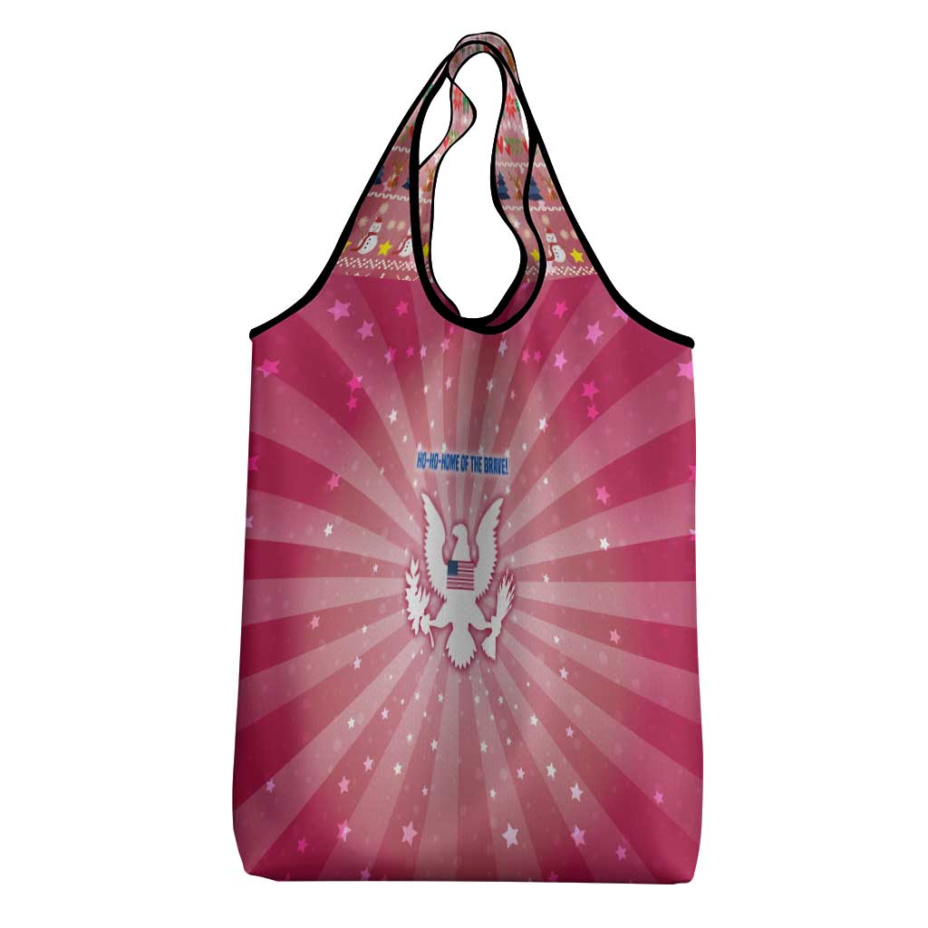 USA Christmas Grocery Bag with Bald Eagle Seal Pink Starburst Pattern and Festive Holiday Icons - Wonder Print Shop