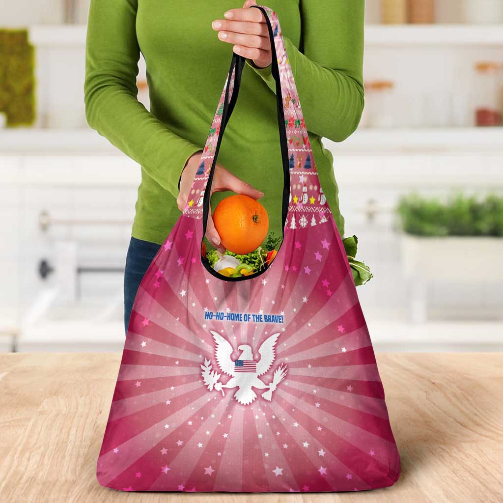 USA Christmas Grocery Bag with Bald Eagle Seal Pink Starburst Pattern and Festive Holiday Icons - Wonder Print Shop