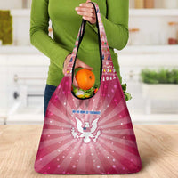 USA Christmas Grocery Bag with Bald Eagle Seal Pink Starburst Pattern and Festive Holiday Icons - Wonder Print Shop