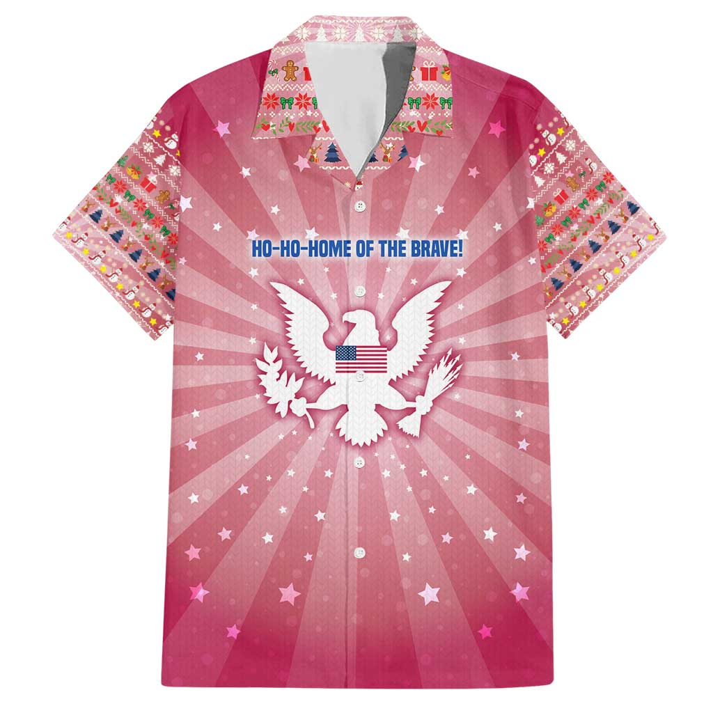 USA Christmas Hawaiian Shirt with Bald Eagle Seal Pink Starburst Pattern and Festive Holiday Icons - Wonder Print Shop
