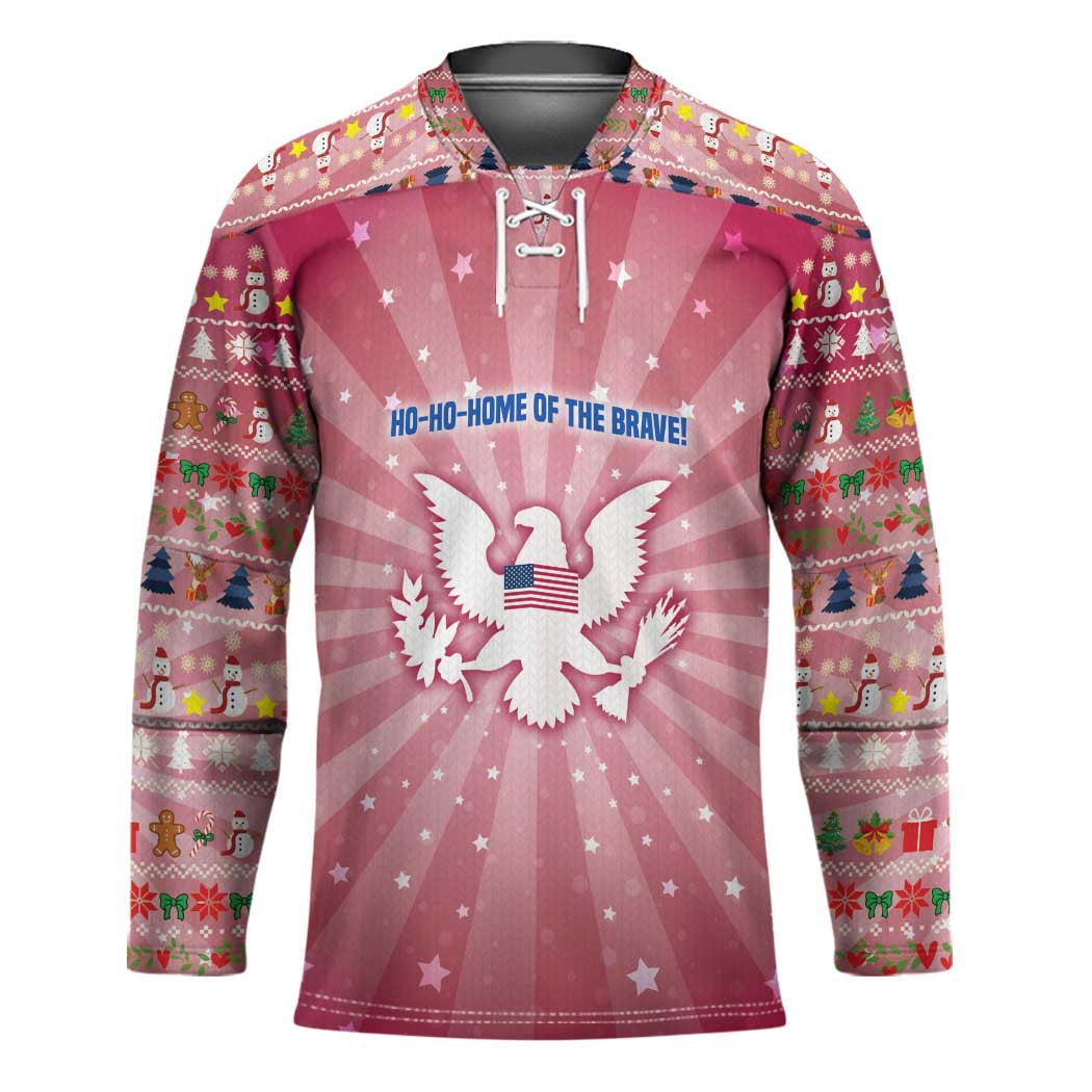 USA Christmas Hockey Jersey with Bald Eagle Seal Pink Starburst Pattern and Festive Holiday Icons - Wonder Print Shop