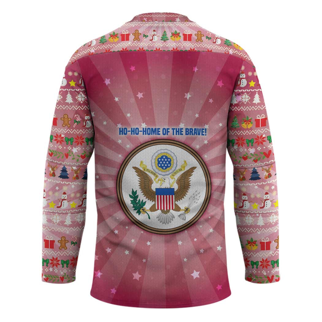 USA Christmas Hockey Jersey with Bald Eagle Seal Pink Starburst Pattern and Festive Holiday Icons - Wonder Print Shop