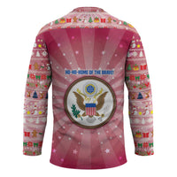 USA Christmas Hockey Jersey with Bald Eagle Seal Pink Starburst Pattern and Festive Holiday Icons - Wonder Print Shop