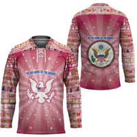 USA Christmas Hockey Jersey with Bald Eagle Seal Pink Starburst Pattern and Festive Holiday Icons - Wonder Print Shop
