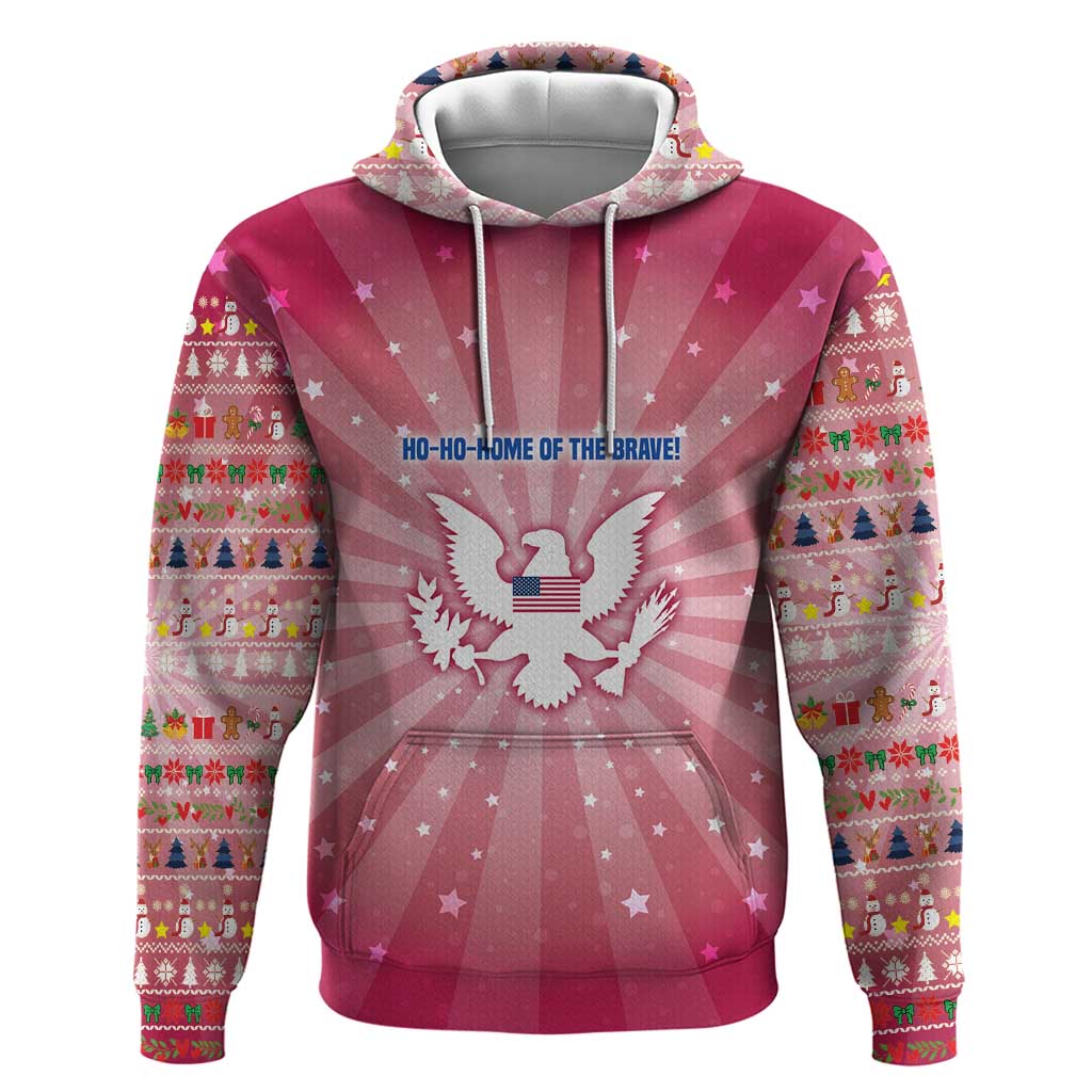 USA Christmas Hoodie with Bald Eagle Seal Pink Starburst Pattern and Festive Holiday Icons - Wonder Print Shop