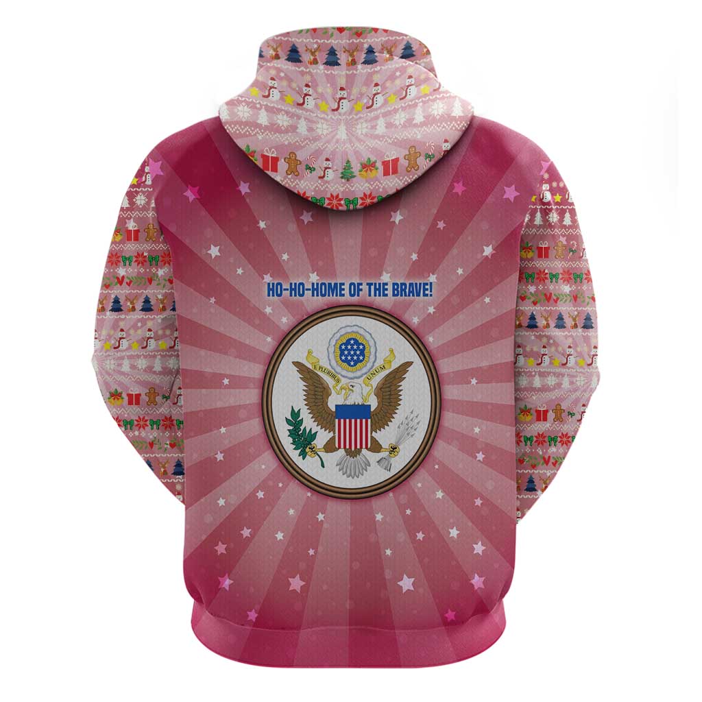 USA Christmas Hoodie with Bald Eagle Seal Pink Starburst Pattern and Festive Holiday Icons - Wonder Print Shop