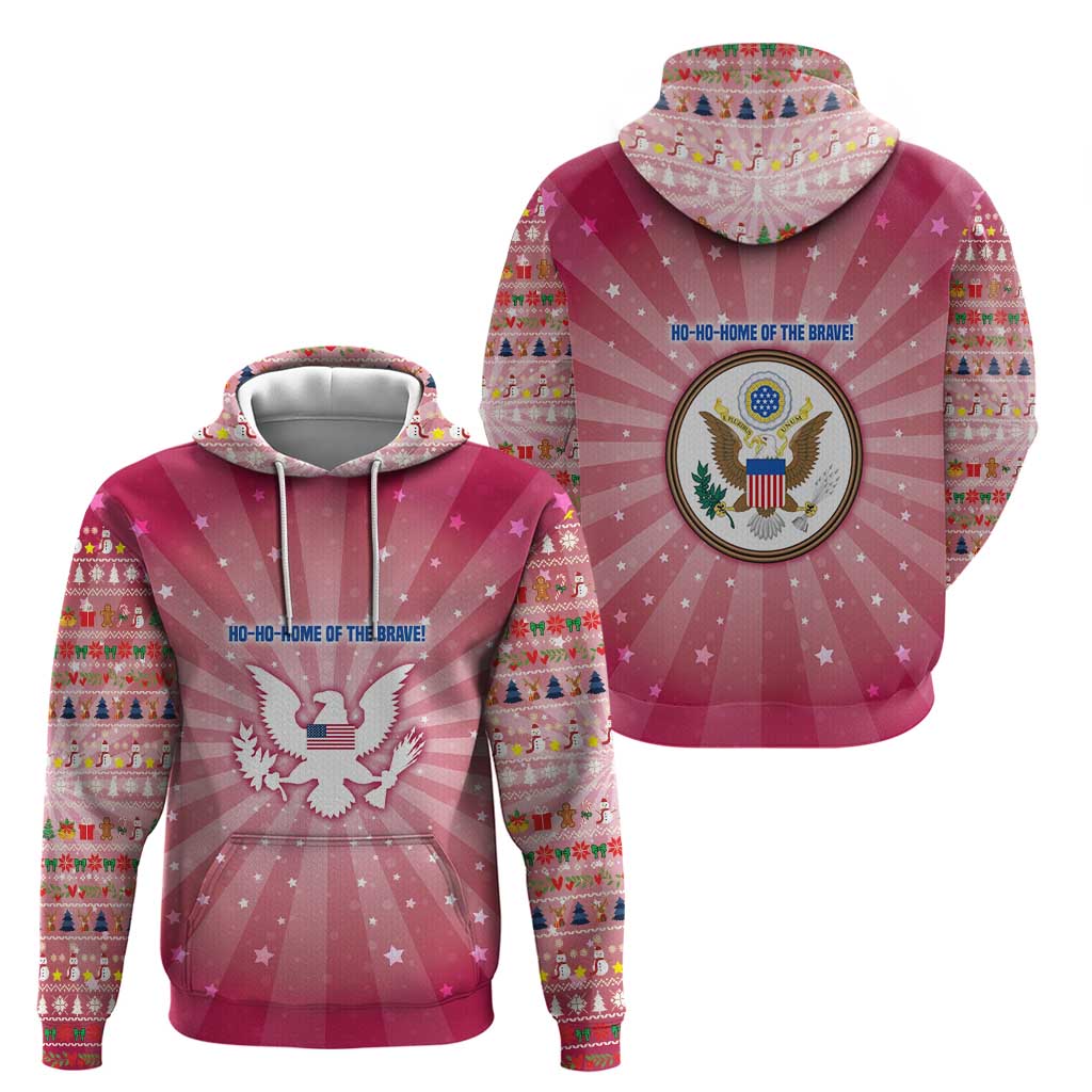 USA Christmas Hoodie with Bald Eagle Seal Pink Starburst Pattern and Festive Holiday Icons - Wonder Print Shop