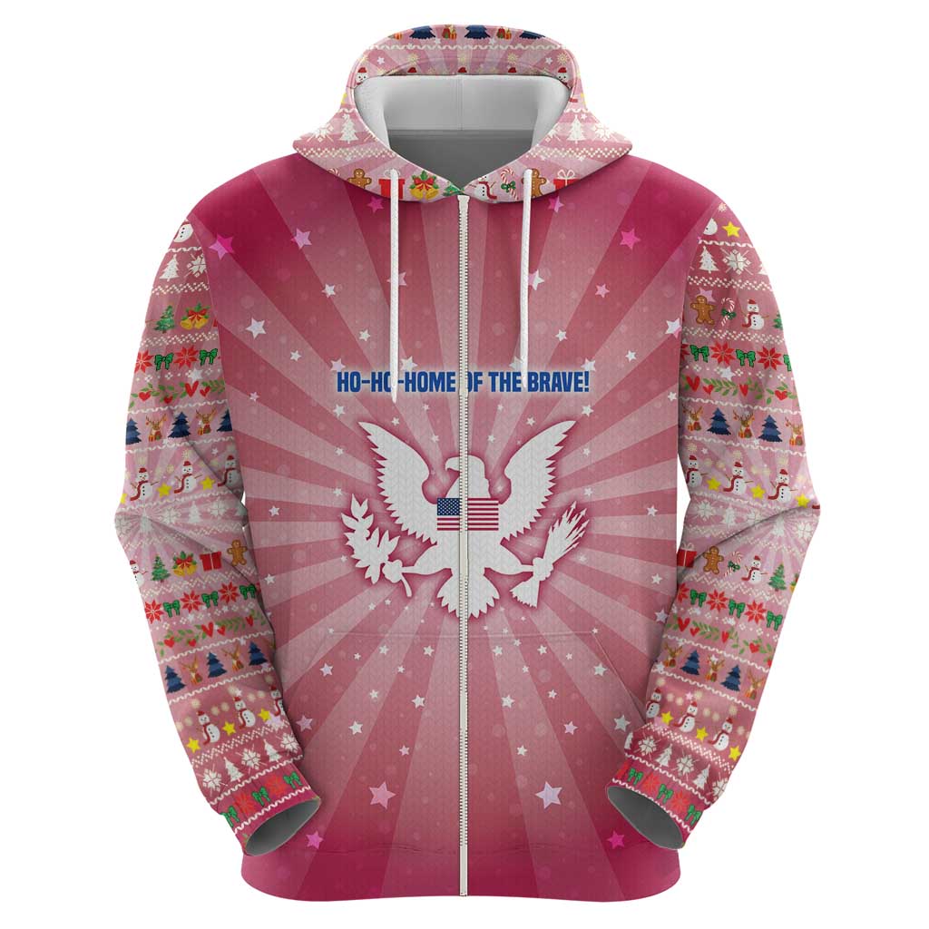 USA Christmas Hoodie with Bald Eagle Seal Pink Starburst Pattern and Festive Holiday Icons - Wonder Print Shop