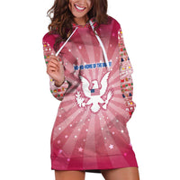 USA Christmas Hoodie Dress with Bald Eagle Seal Pink Starburst Pattern and Festive Holiday Icons - Wonder Print Shop