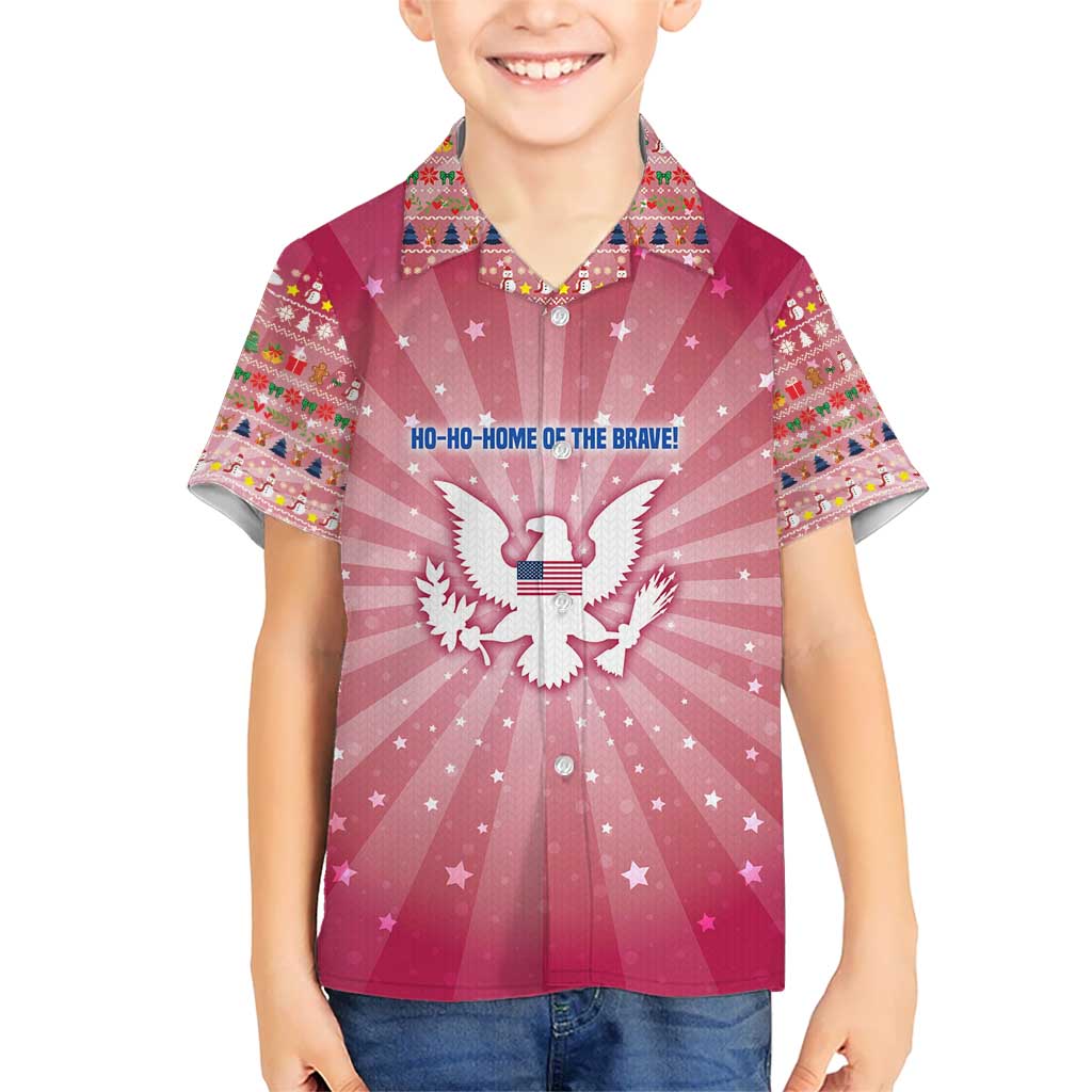 USA Christmas Kid Hawaiian Shirt with Bald Eagle Seal Pink Starburst Pattern and Festive Holiday Icons - Wonder Print Shop