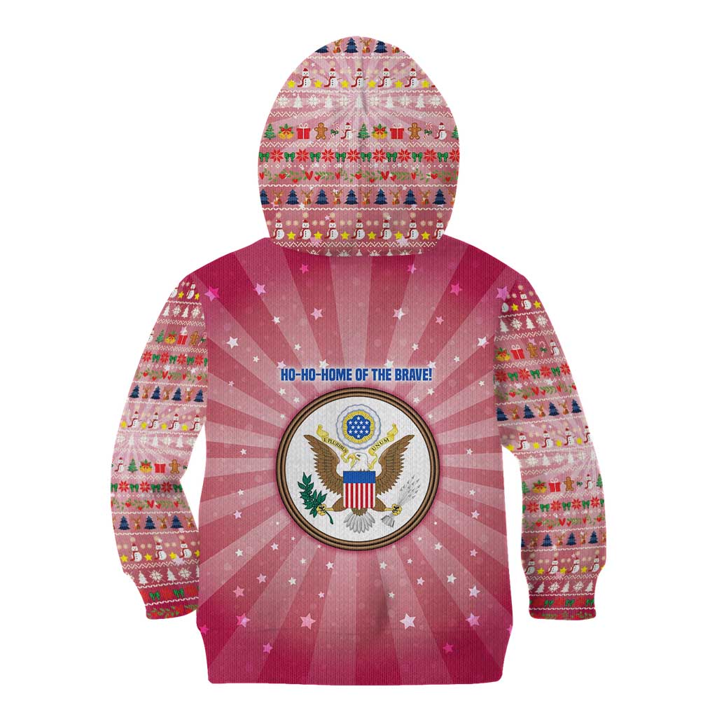 USA Christmas Kid Hoodie with Bald Eagle Seal Pink Starburst Pattern and Festive Holiday Icons - Wonder Print Shop