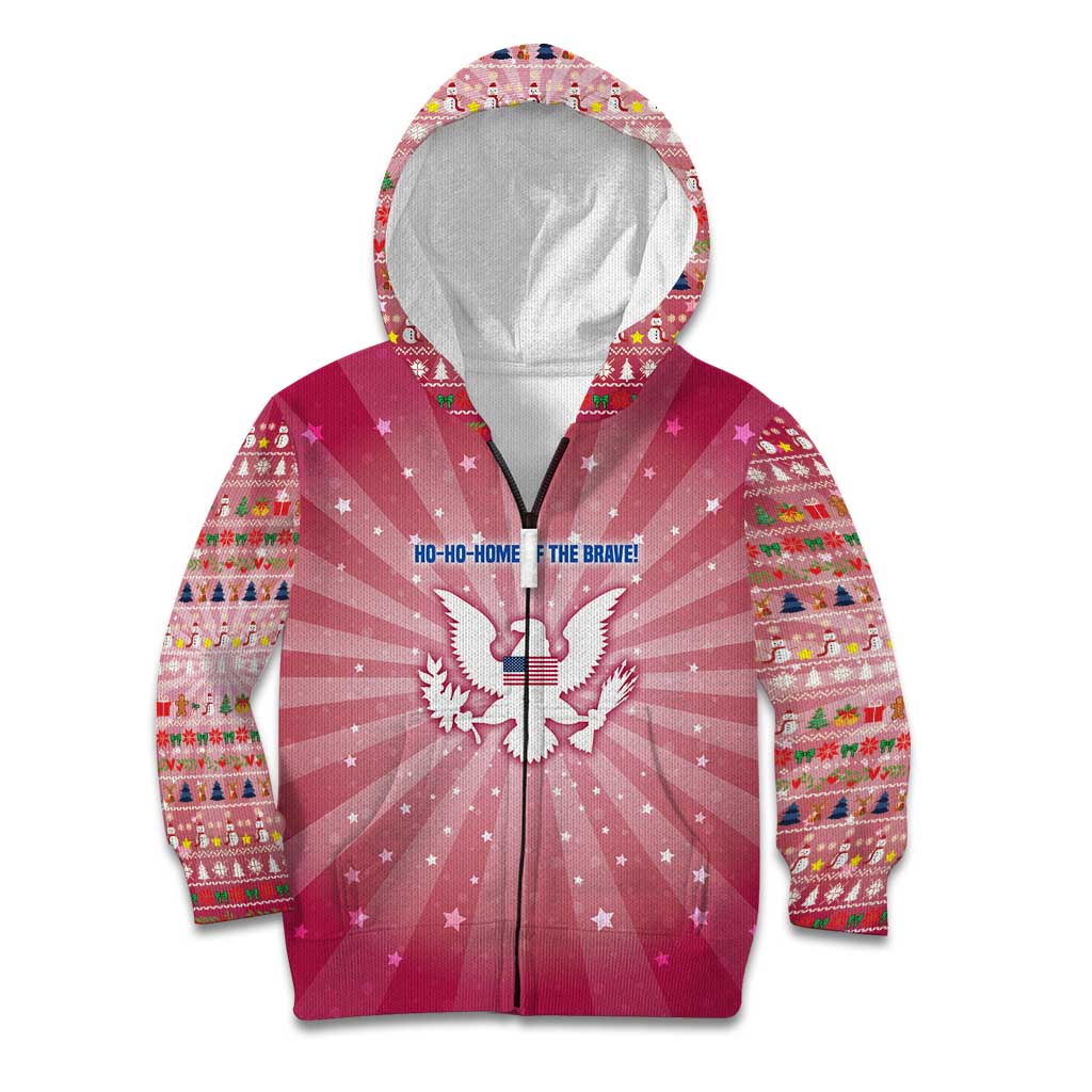 USA Christmas Kid Hoodie with Bald Eagle Seal Pink Starburst Pattern and Festive Holiday Icons - Wonder Print Shop