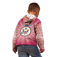 USA Christmas Kid Hoodie with Bald Eagle Seal Pink Starburst Pattern and Festive Holiday Icons - Wonder Print Shop
