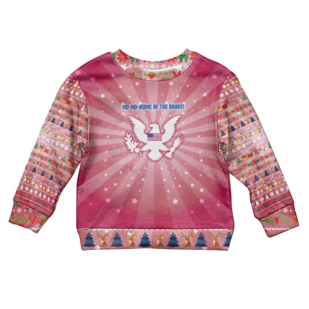 USA Christmas Kid Ugly Christmas Sweater with Bald Eagle Seal Pink Starburst Pattern and Festive Holiday Icons - Wonder Print Shop