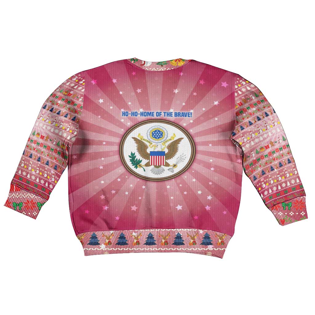 USA Christmas Kid Ugly Christmas Sweater with Bald Eagle Seal Pink Starburst Pattern and Festive Holiday Icons - Wonder Print Shop