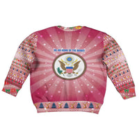USA Christmas Kid Ugly Christmas Sweater with Bald Eagle Seal Pink Starburst Pattern and Festive Holiday Icons - Wonder Print Shop