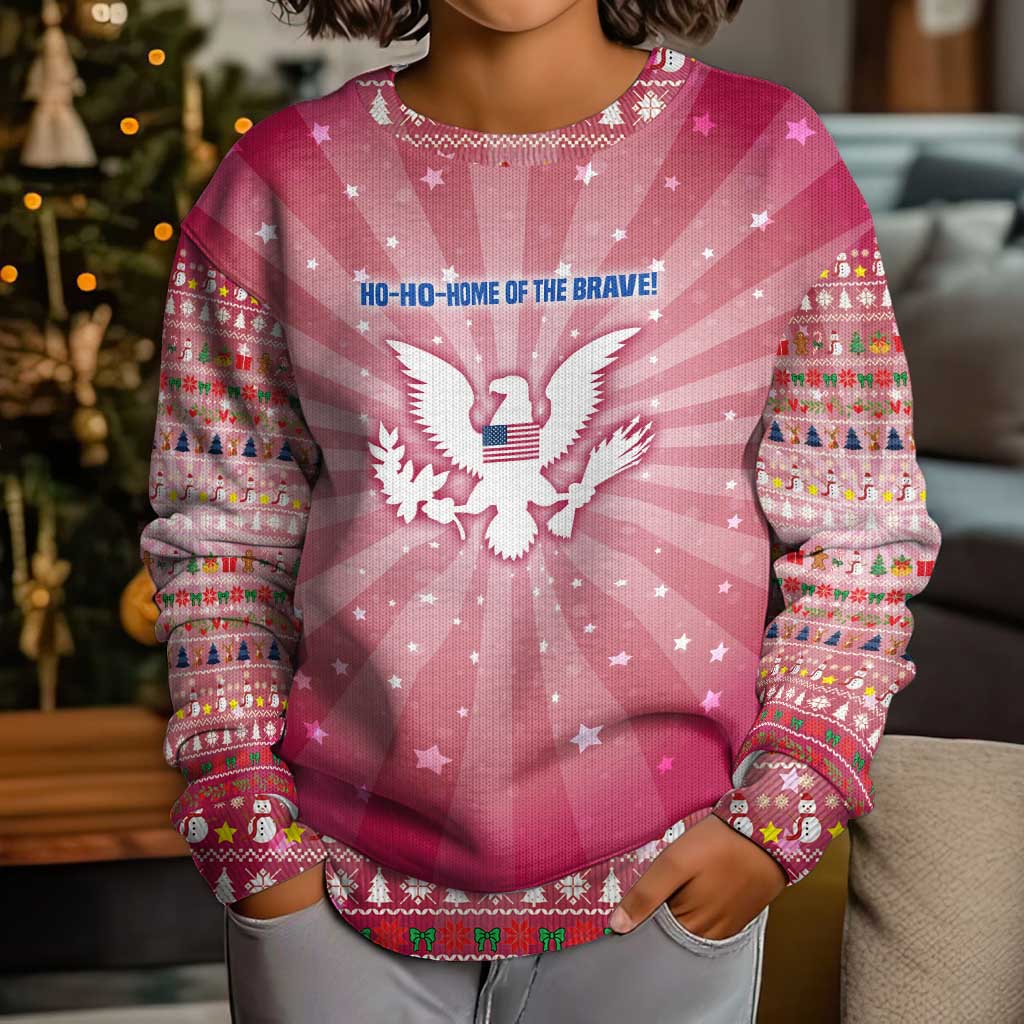 USA Christmas Kid Ugly Christmas Sweater with Bald Eagle Seal Pink Starburst Pattern and Festive Holiday Icons - Wonder Print Shop