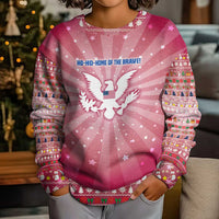 USA Christmas Kid Ugly Christmas Sweater with Bald Eagle Seal Pink Starburst Pattern and Festive Holiday Icons - Wonder Print Shop