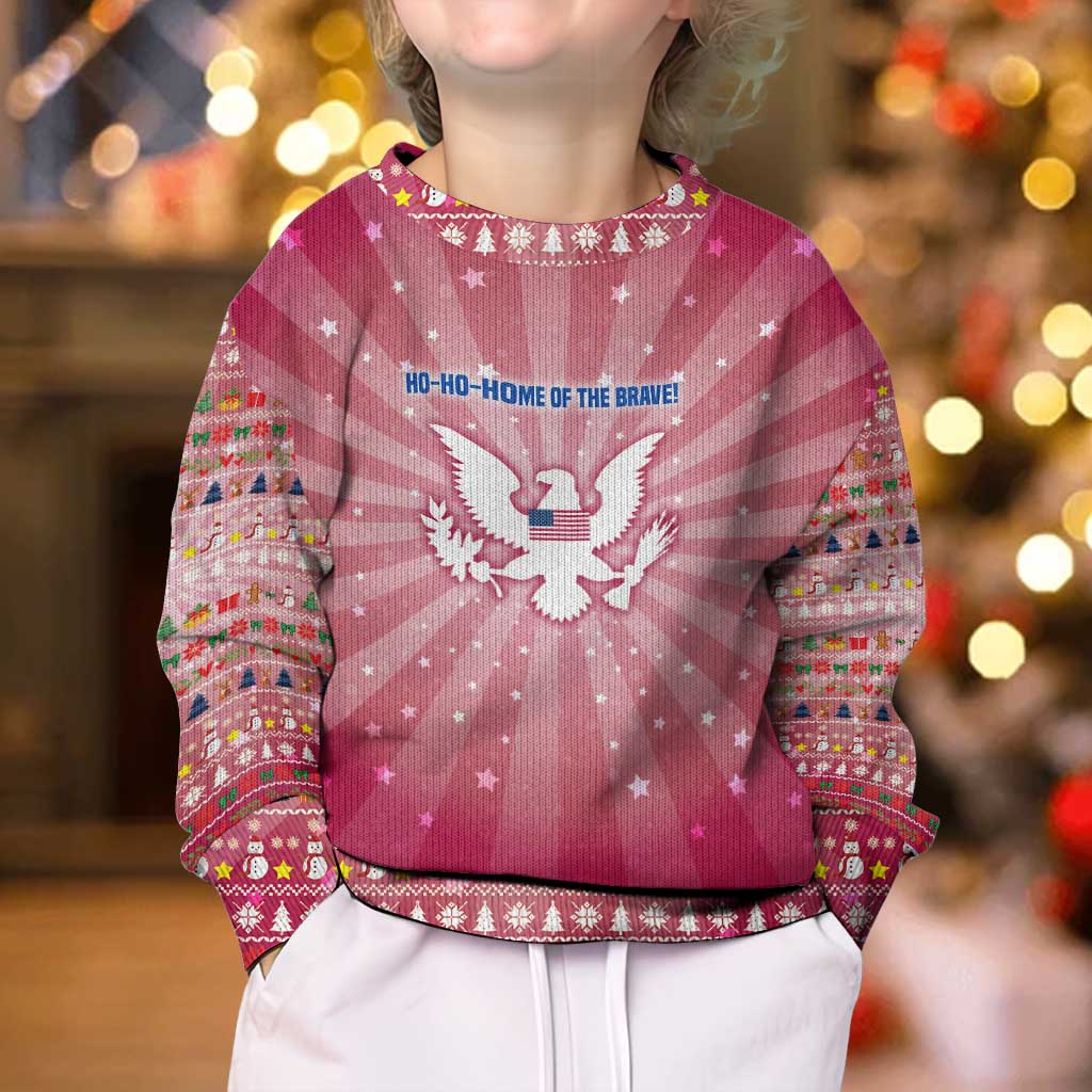 USA Christmas Kid Ugly Christmas Sweater with Bald Eagle Seal Pink Starburst Pattern and Festive Holiday Icons - Wonder Print Shop