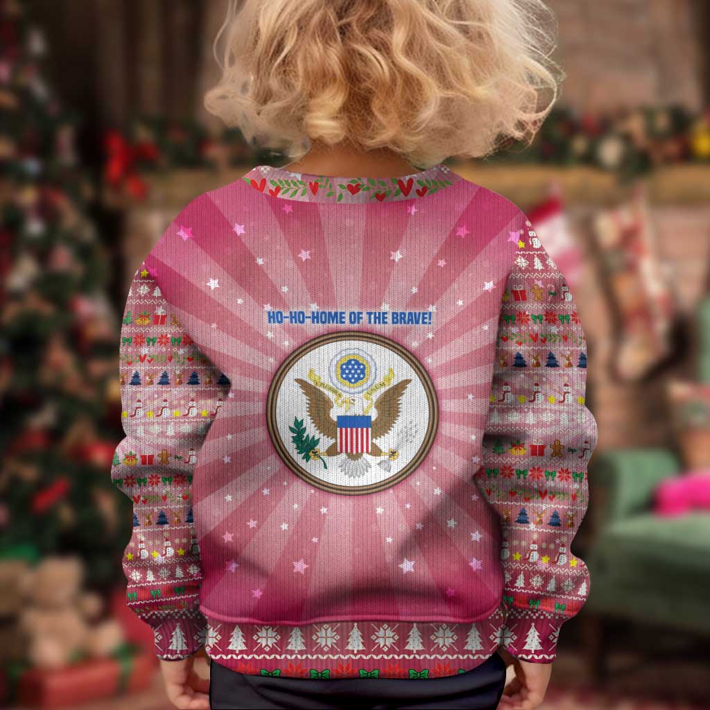 USA Christmas Kid Ugly Christmas Sweater with Bald Eagle Seal Pink Starburst Pattern and Festive Holiday Icons - Wonder Print Shop