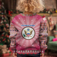 USA Christmas Kid Ugly Christmas Sweater with Bald Eagle Seal Pink Starburst Pattern and Festive Holiday Icons - Wonder Print Shop