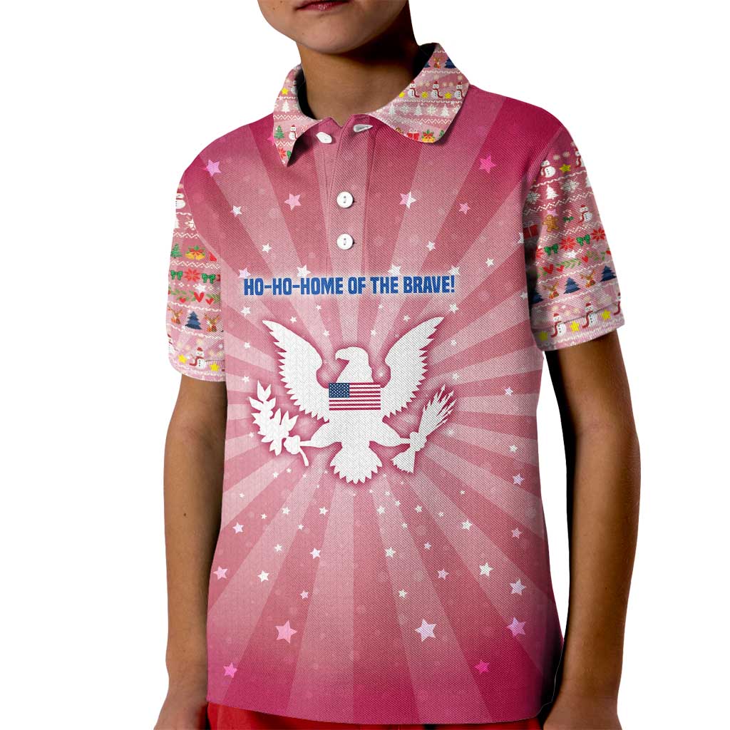 USA Christmas Kid Polo Shirt with Bald Eagle Seal Pink Starburst Pattern and Festive Holiday Icons - Wonder Print Shop