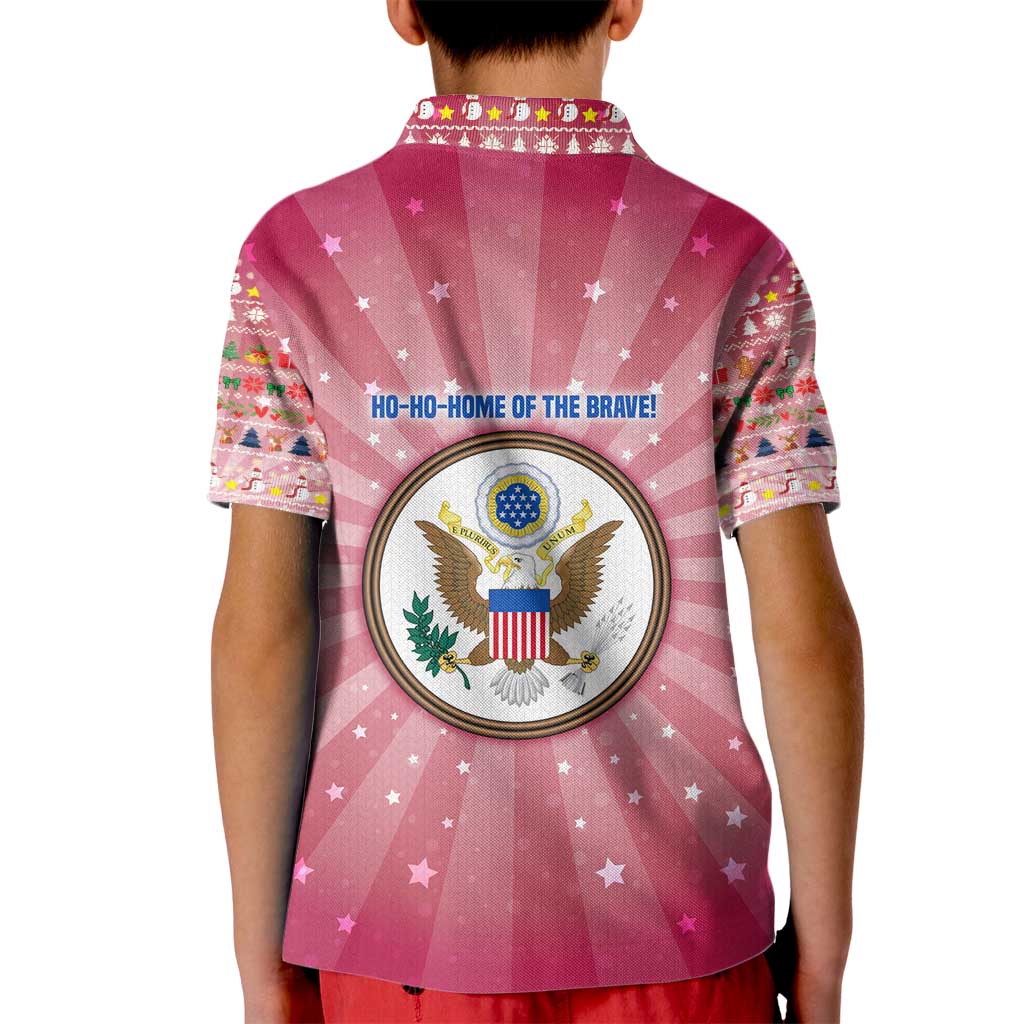 USA Christmas Kid Polo Shirt with Bald Eagle Seal Pink Starburst Pattern and Festive Holiday Icons - Wonder Print Shop